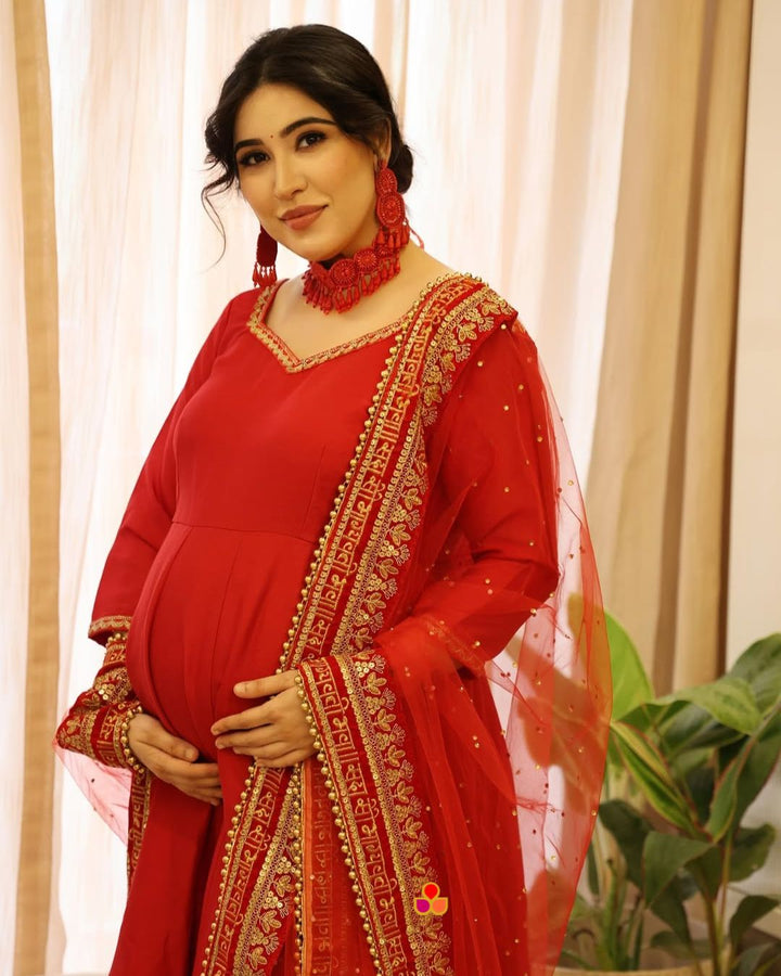 anokherang Combos Bridal Saubhaugyavati Red Silk Anarkali with Net Stone Dupatta