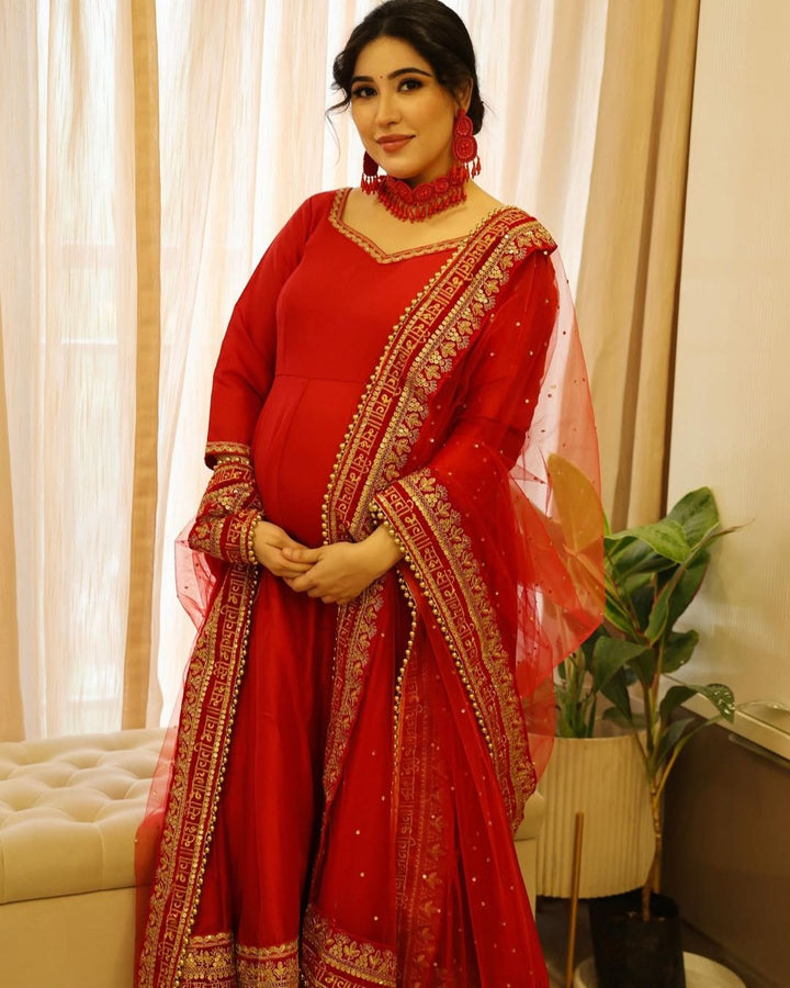 anokherang Combos Bridal Saubhaugyavati Red Silk Anarkali with Net Stone Dupatta