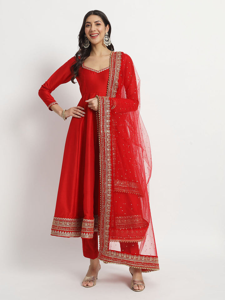 anokherang Combos Bridal Saubhaugyavati Red Silk Anarkali with Net Stone Dupatta