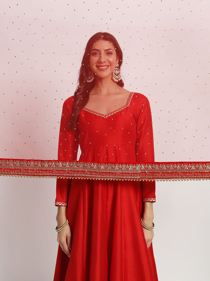 anokherang Combos Bridal Saubhaugyavati Red Silk Anarkali with Net Stone Dupatta