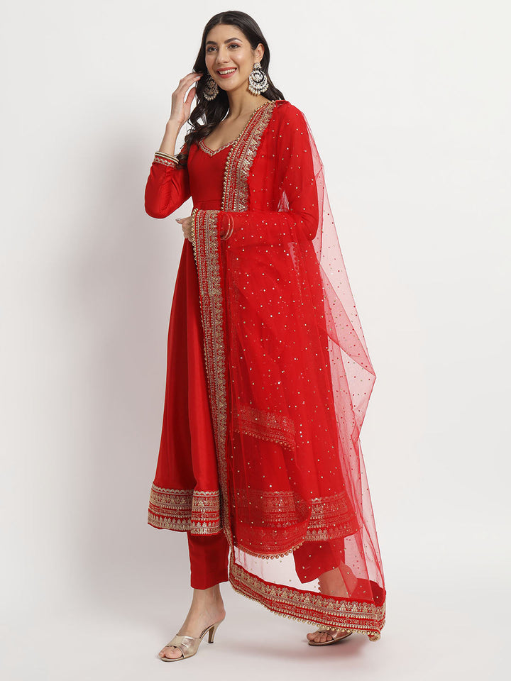 anokherang Combos Bridal Saubhaugyavati Red Silk Anarkali with Net Stone Dupatta