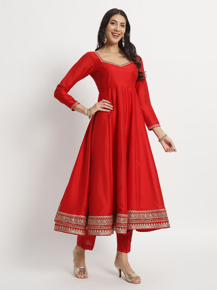 anokherang Combos Bridal Saubhaugyavati Red Silk Anarkali with Net Stone Dupatta