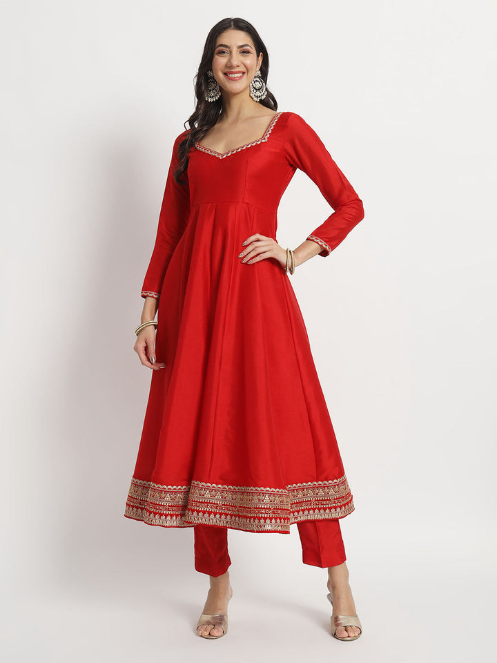 anokherang Combos Brodal Saubhaugyavati Red Silk Anarkali with Pants