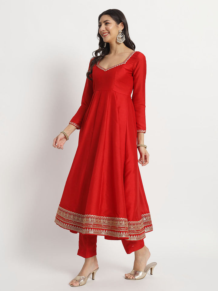 anokherang Combos Brodal Saubhaugyavati Red Silk Anarkali with Pants