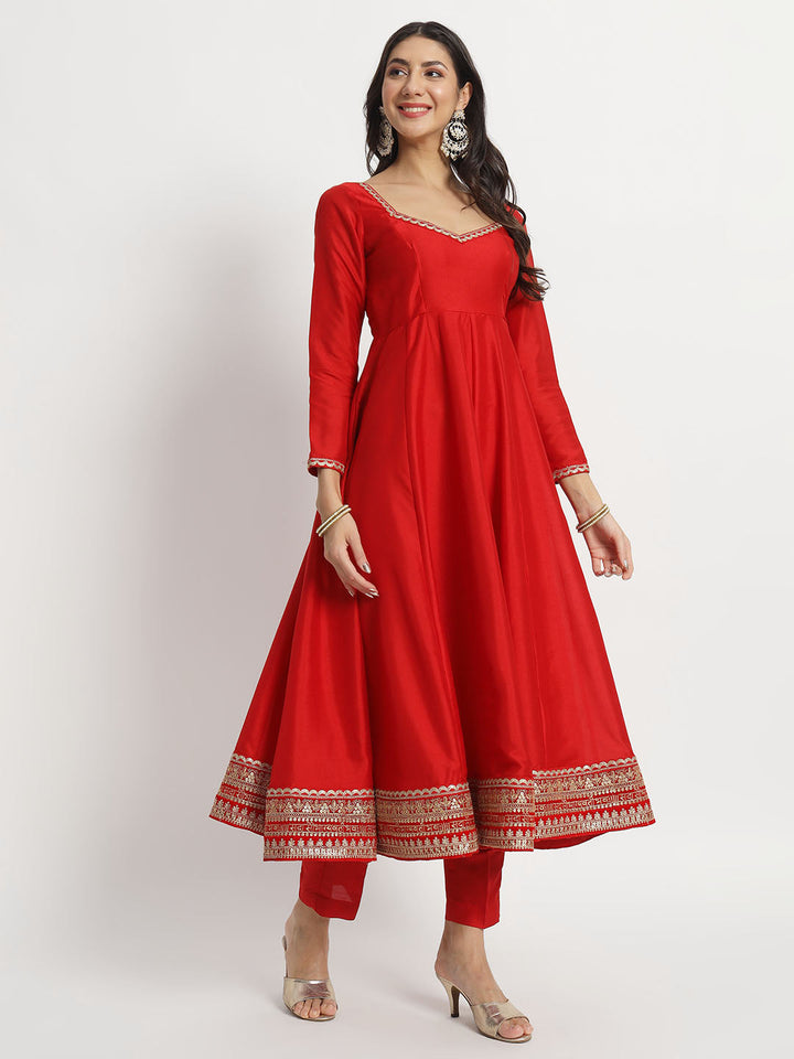 anokherang Combos Brodal Saubhaugyavati Red Silk Anarkali with Pants