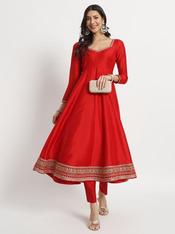 anokherang Combos Brodal Saubhaugyavati Red Silk Anarkali with Pants