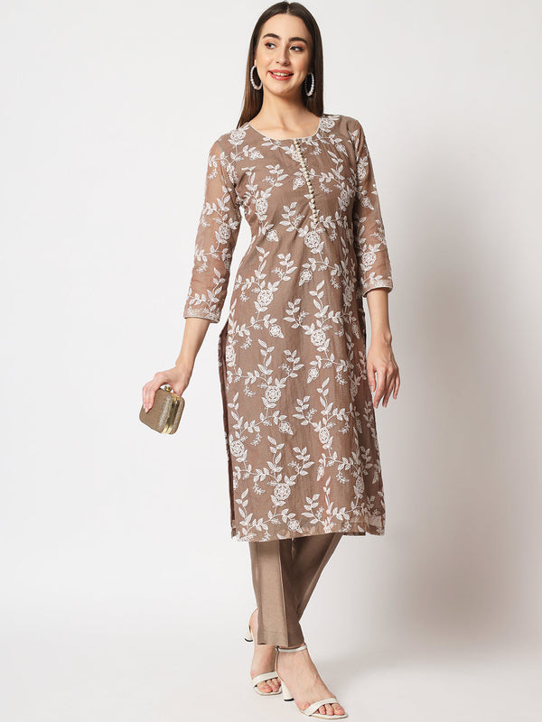 anokherang Combos Brown Kota Embroidered Kurti With Straight Pants