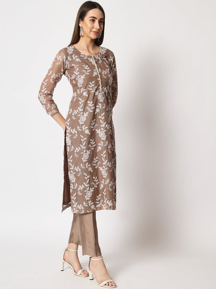 anokherang Combos Brown Kota Embroidered Kurti With Straight Pants