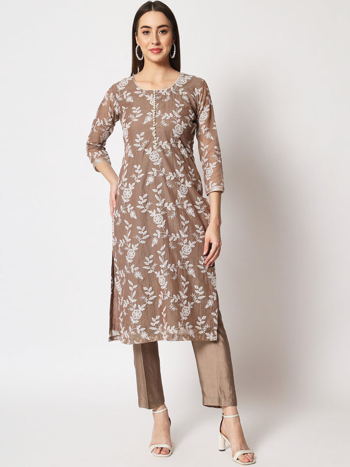 anokherang Combos Brown Kota Embroidered Kurti With Straight Pants
