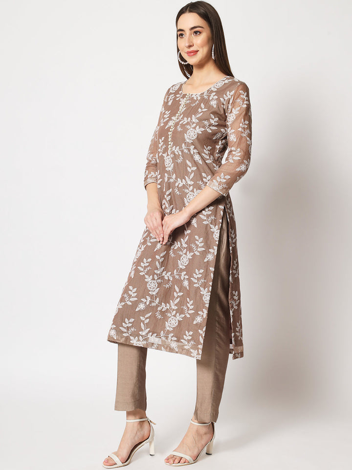 anokherang Combos Brown Kota Embroidered Kurti With Straight Pants