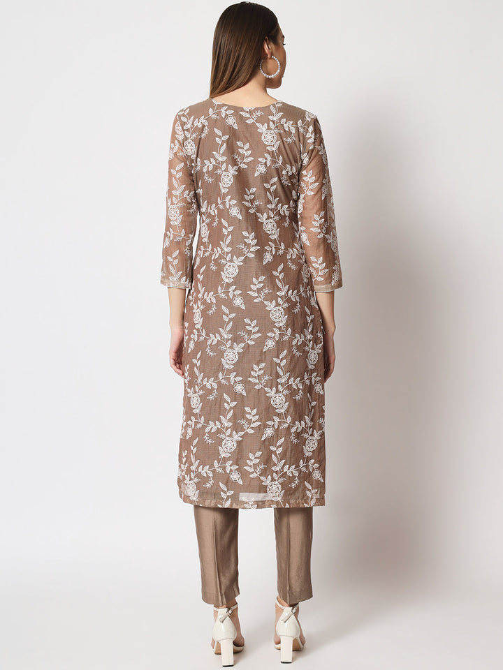 anokherang Combos Brown Kota Embroidered Kurti With Straight Pants