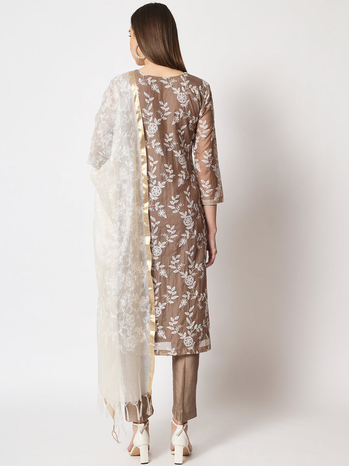 anokherang Combos Brown Kota Embroidered Kurti With Straight Pants And Kota Embroidered Dupatta