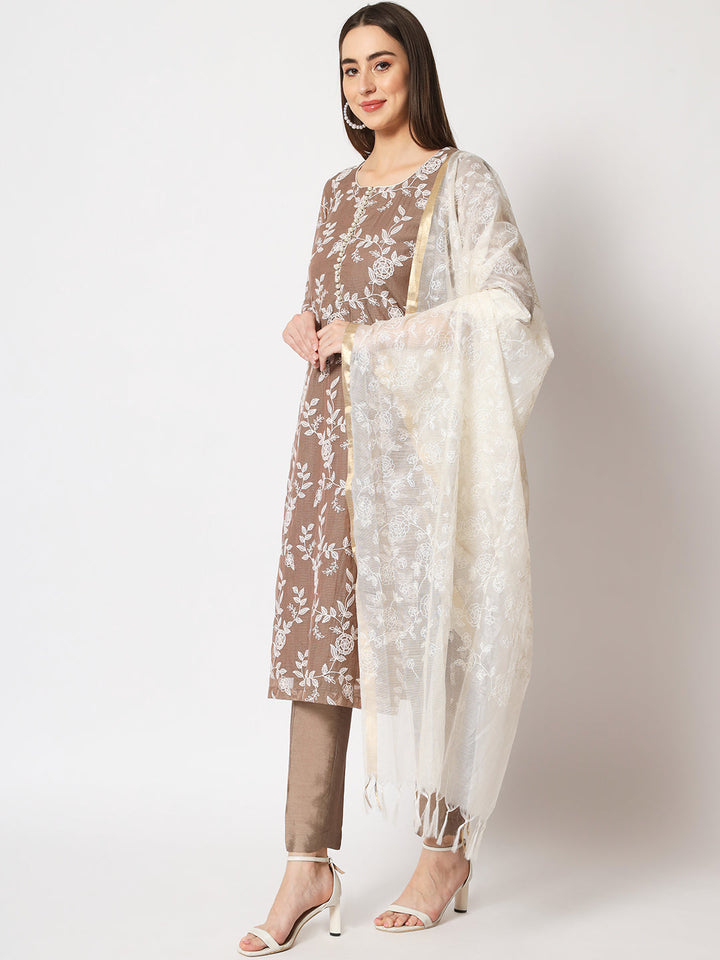 anokherang Combos Brown Kota Embroidered Kurti With Straight Pants And Kota Embroidered Dupatta