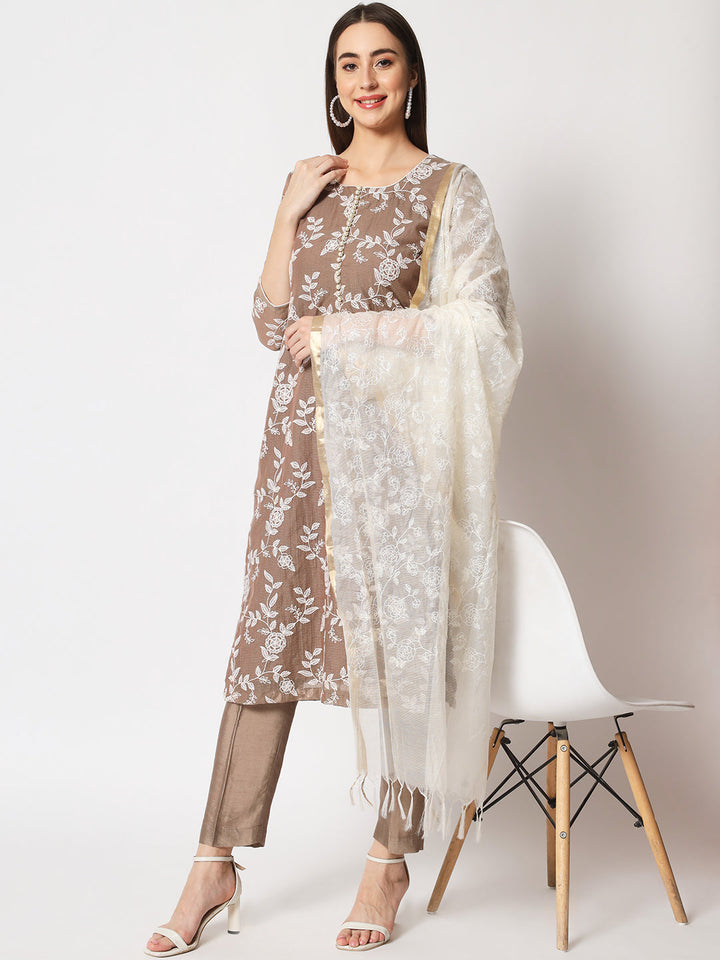 anokherang Combos Brown Kota Embroidered Kurti With Straight Pants And Kota Embroidered Dupatta