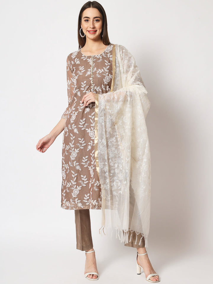 anokherang Combos Brown Kota Embroidered Kurti With Straight Pants And Kota Embroidered Dupatta