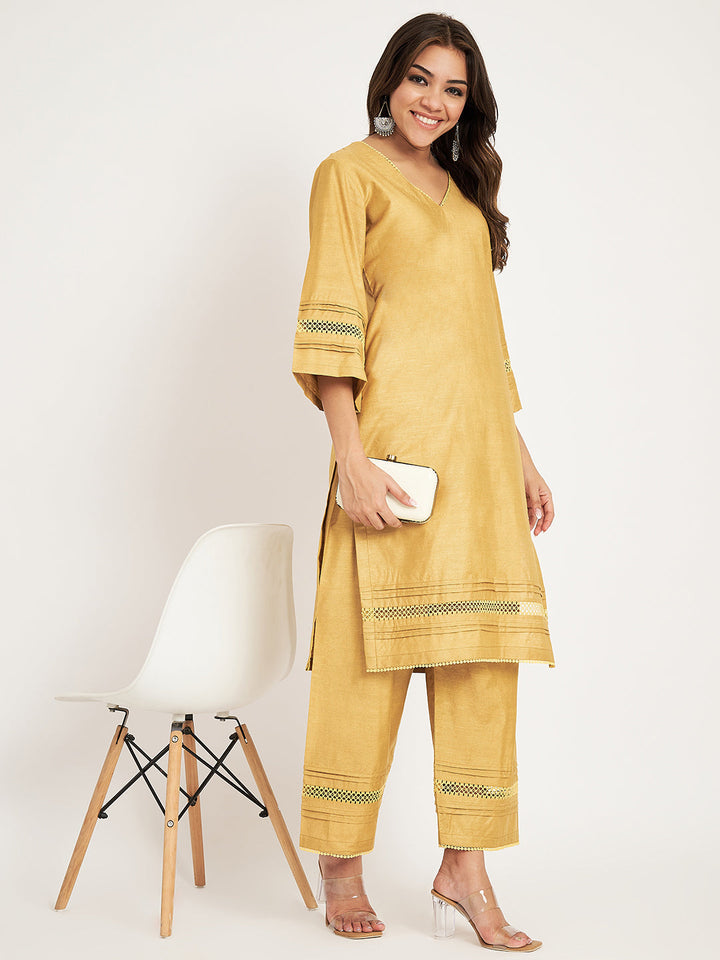 anokherang Combos Canary Yellow Silk Straight Kurti with Straight Palazzo