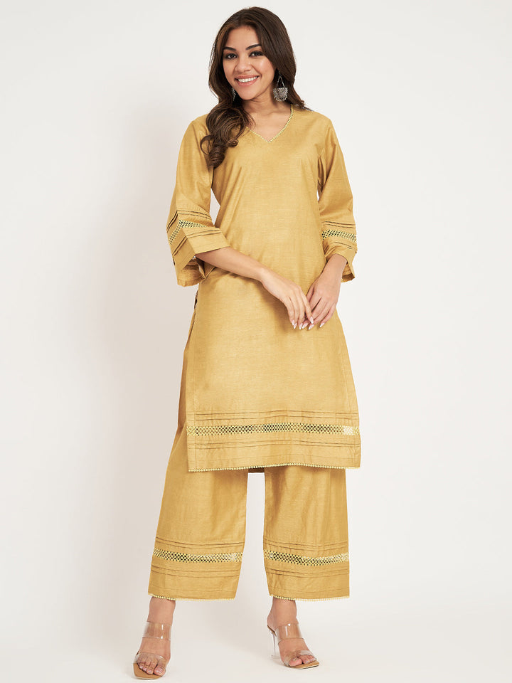 anokherang Combos Canary Yellow Silk Straight Kurti with Straight Palazzo