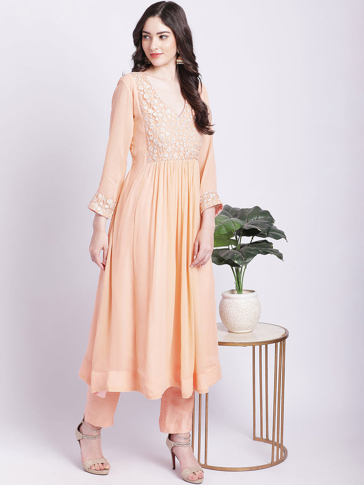 anokherang Combos Champagne Peach Georgette Gathered Kurti with Straight Pants