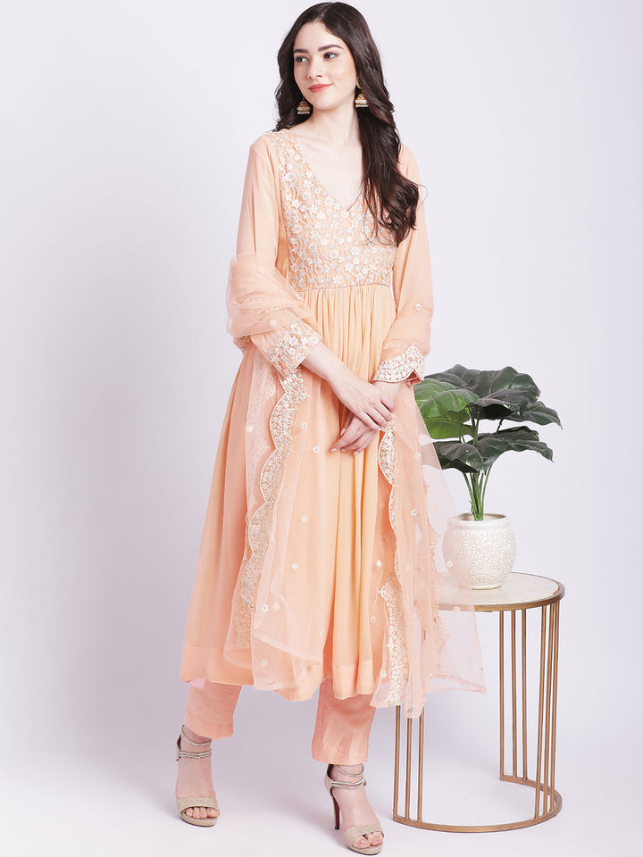 anokherang Combos Champagne Peach Georgette Gathered Kurti with Straight Pants and Scalloped Dupatta