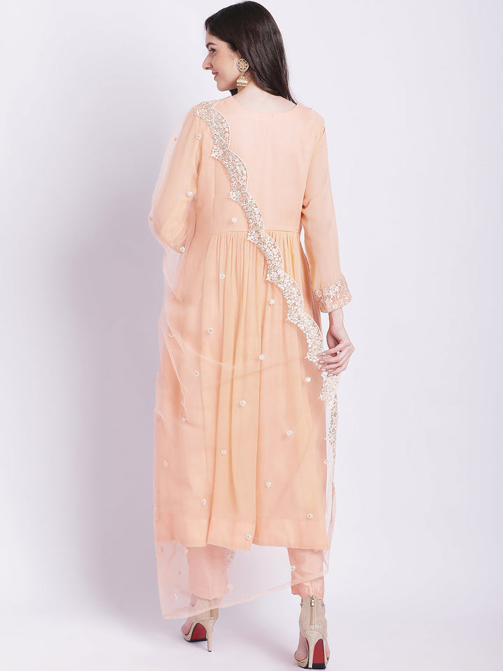anokherang Combos Champagne Peach Georgette Gathered Kurti with Straight Pants and Scalloped Dupatta