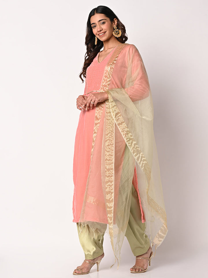 anokherang Combos Charming Pink Velvet Kurti with Green Satin Salwar and Organza Dupatta