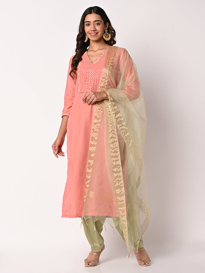 anokherang Combos Charming Pink Velvet Kurti with Green Satin Salwar and Organza Dupatta