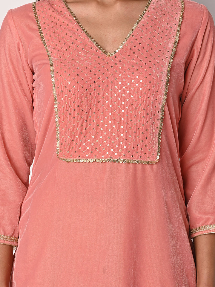 anokherang Combos Charming Pink Velvet Kurti with Green Satin Salwar and Organza Dupatta