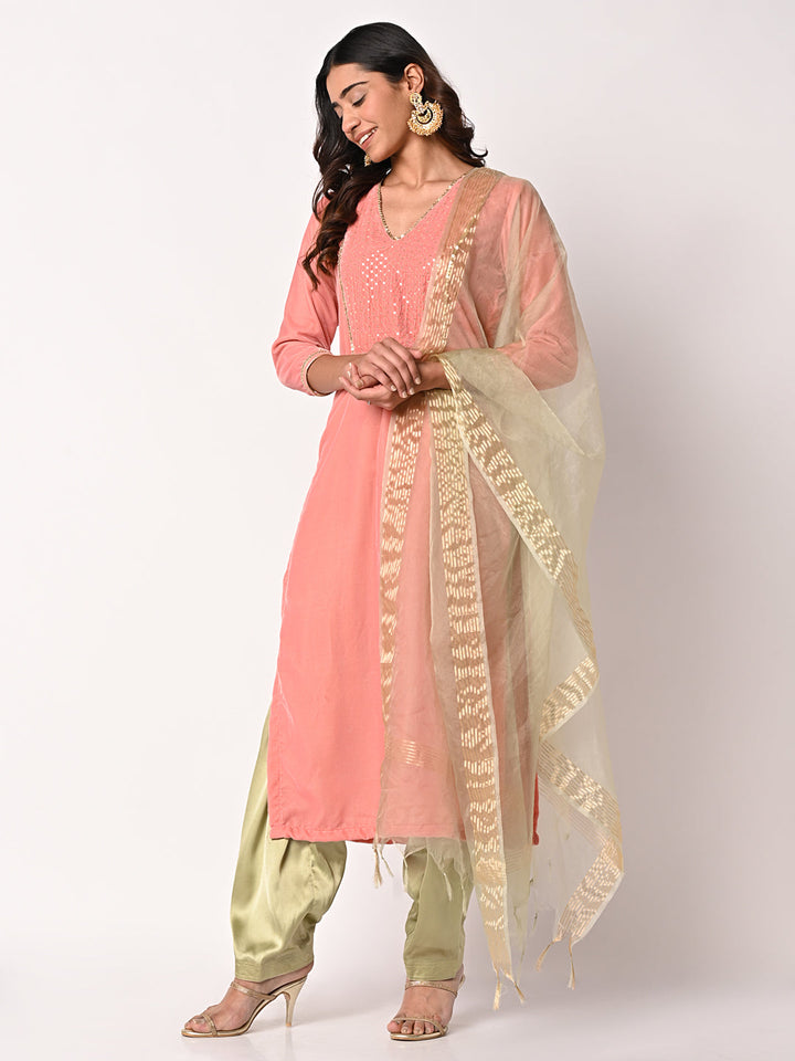 anokherang Combos Charming Pink Velvet Kurti with Green Satin Salwar and Organza Dupatta