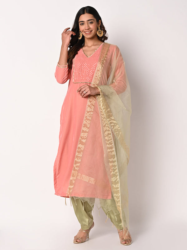 anokherang Combos Charming Pink Velvet Kurti with Green Satin Salwar and Organza Dupatta