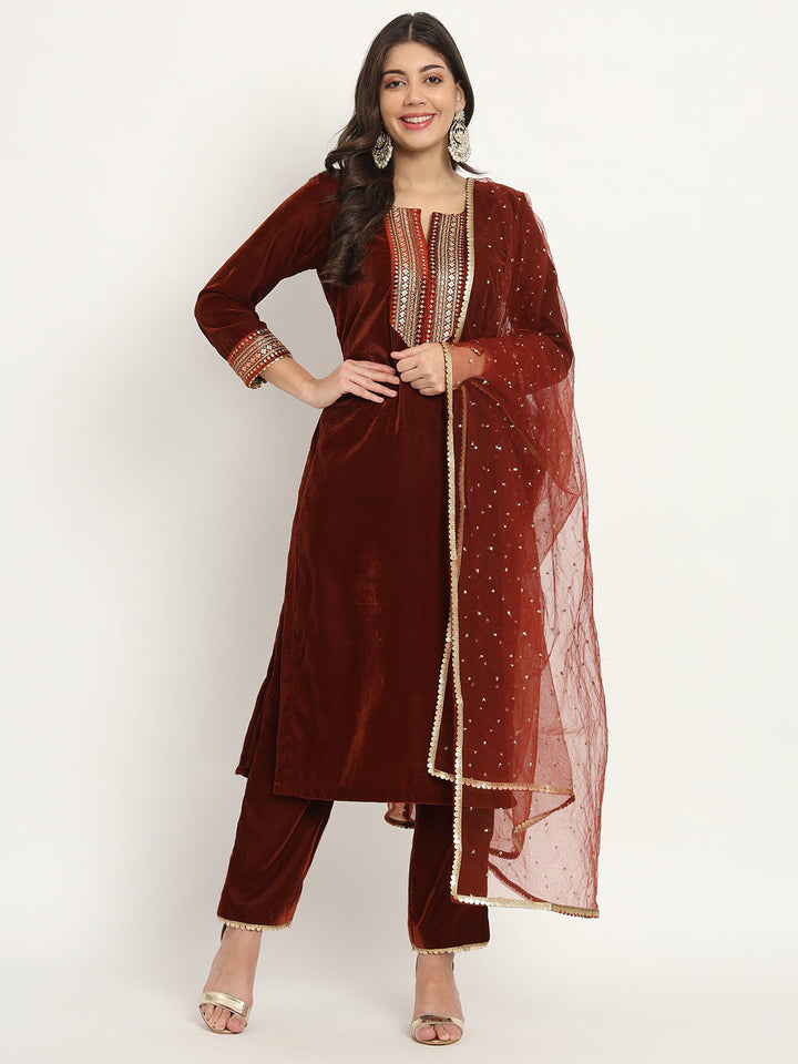 anokherang Combos Copy of Black Royale Zardozi Embroidered Velvet Kurti with Pants and Dupatta