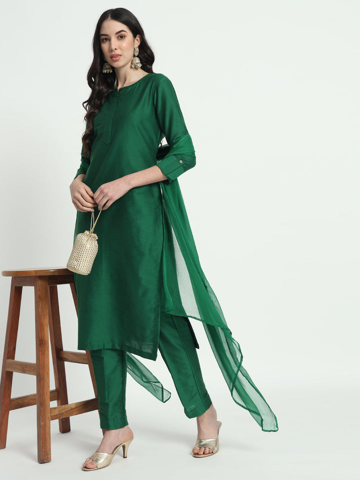 anokherang Combos Copy of Glorious Green Lines Straight Kurti with Pants and Tri-Color Dupatta