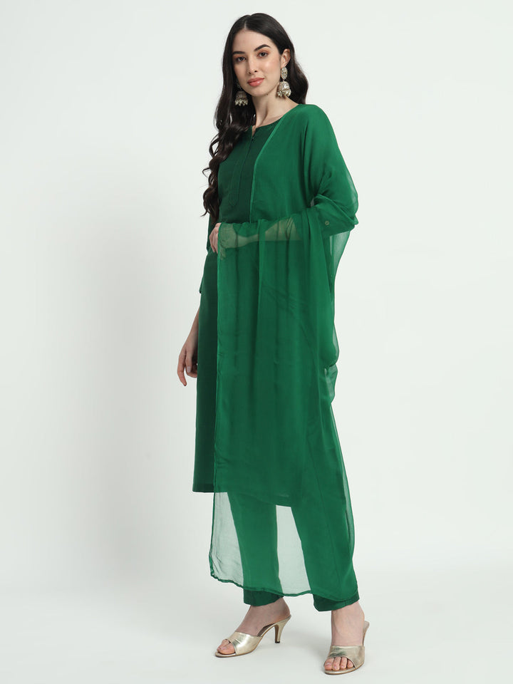 anokherang Combos Copy of Glorious Green Lines Straight Kurti with Pants and Tri-Color Dupatta