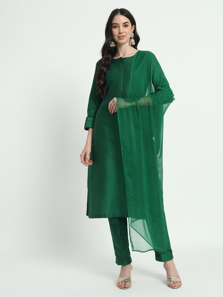 anokherang Combos Copy of Glorious Green Lines Straight Kurti with Pants and Tri-Color Dupatta