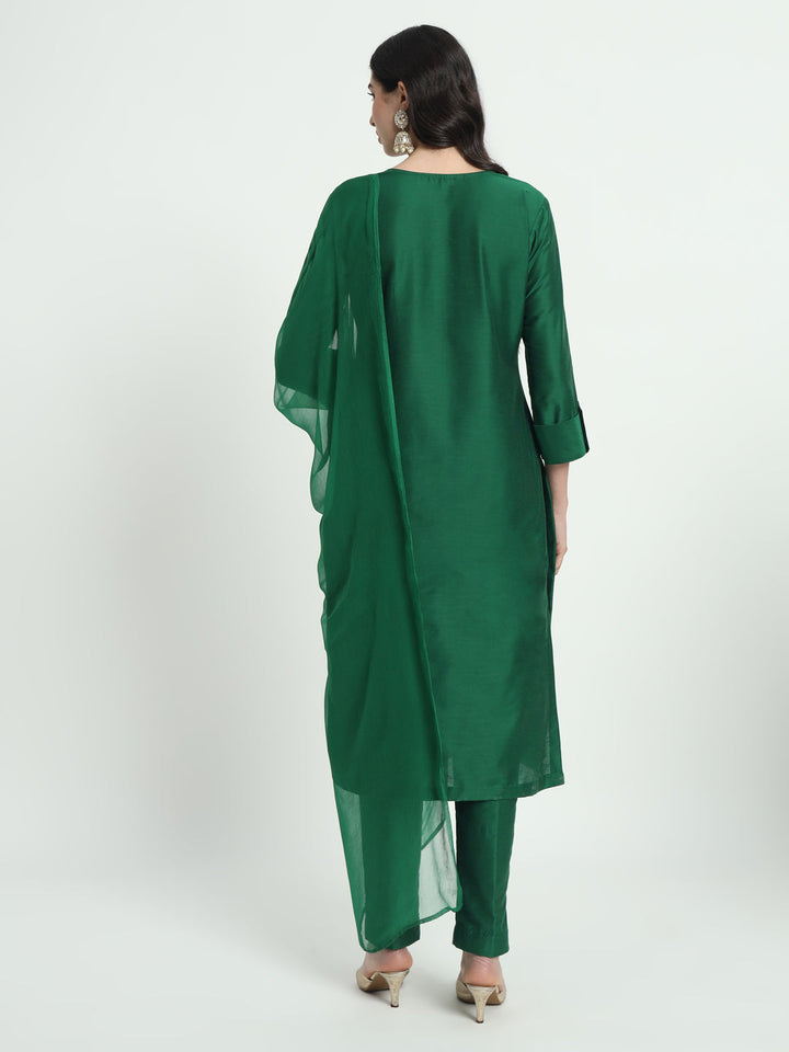 anokherang Combos Copy of Glorious Green Lines Straight Kurti with Pants and Tri-Color Dupatta