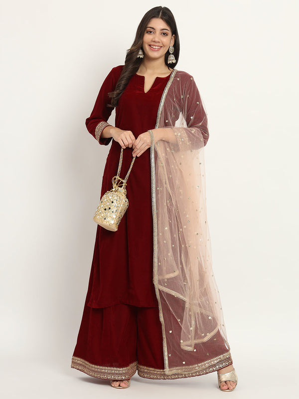 anokherang Combos Copy of Green Royale Zardozi Embroidered Velvet Kurti with Pants and Embroidered Dupatta