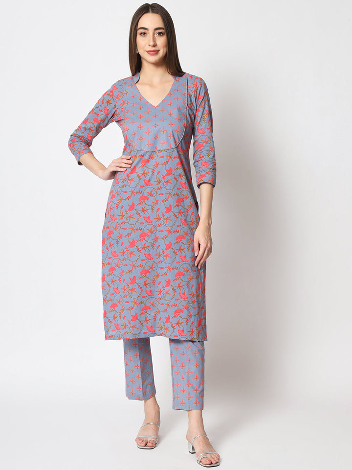 anokherang Combos Copy of Grey Melange Printed Kurti with Straight Pants