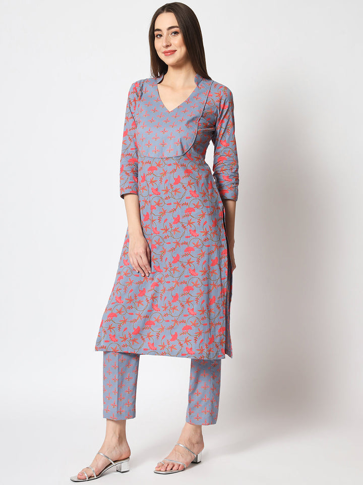 anokherang Combos Copy of Grey Melange Printed Kurti with Straight Pants