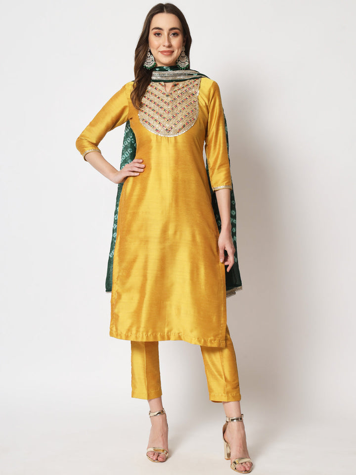 anokherang Combos Copy of Mustard Embroidered Straight Kurti with Straight Pants