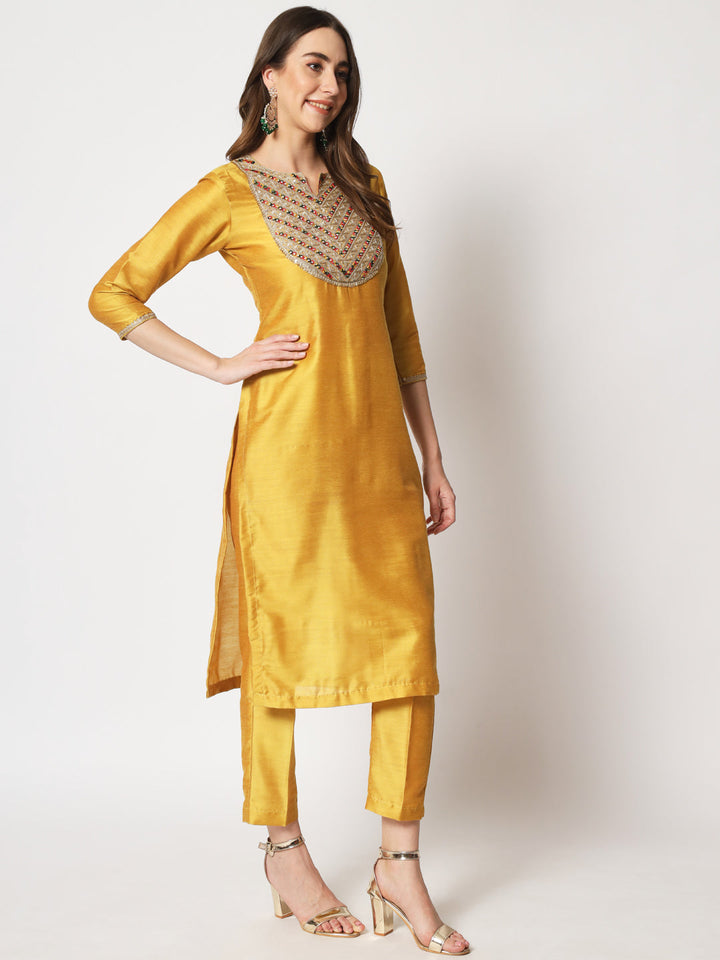 anokherang Combos Copy of Mustard Embroidered Straight Kurti with Straight Pants