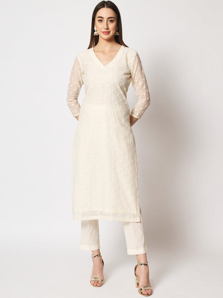 anokherang Combos Copy of Noor Ivory Embroidered Straight Kurti with Straight Pants