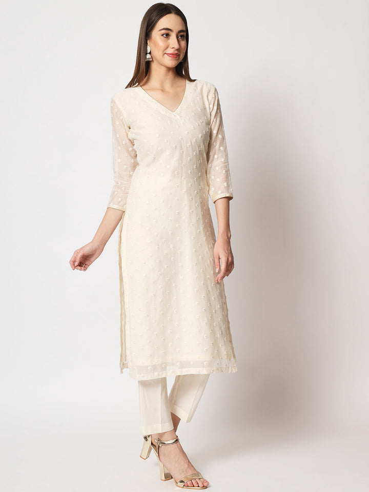 anokherang Combos Copy of Noor Ivory Embroidered Straight Kurti with Straight Pants