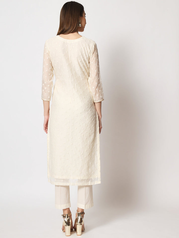 anokherang Combos Copy of Noor Ivory Embroidered Straight Kurti with Straight Pants