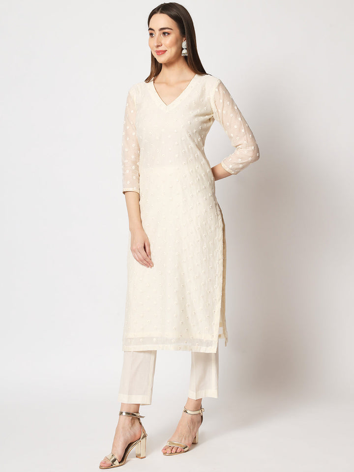 anokherang Combos Copy of Noor Ivory Embroidered Straight Kurti with Straight Pants