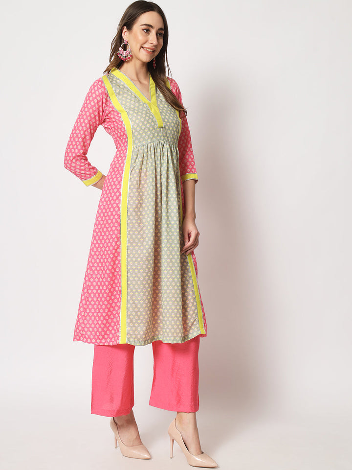 anokherang Combos Copy of Pink Fusion Printed A - Line Kurti with Palazzo