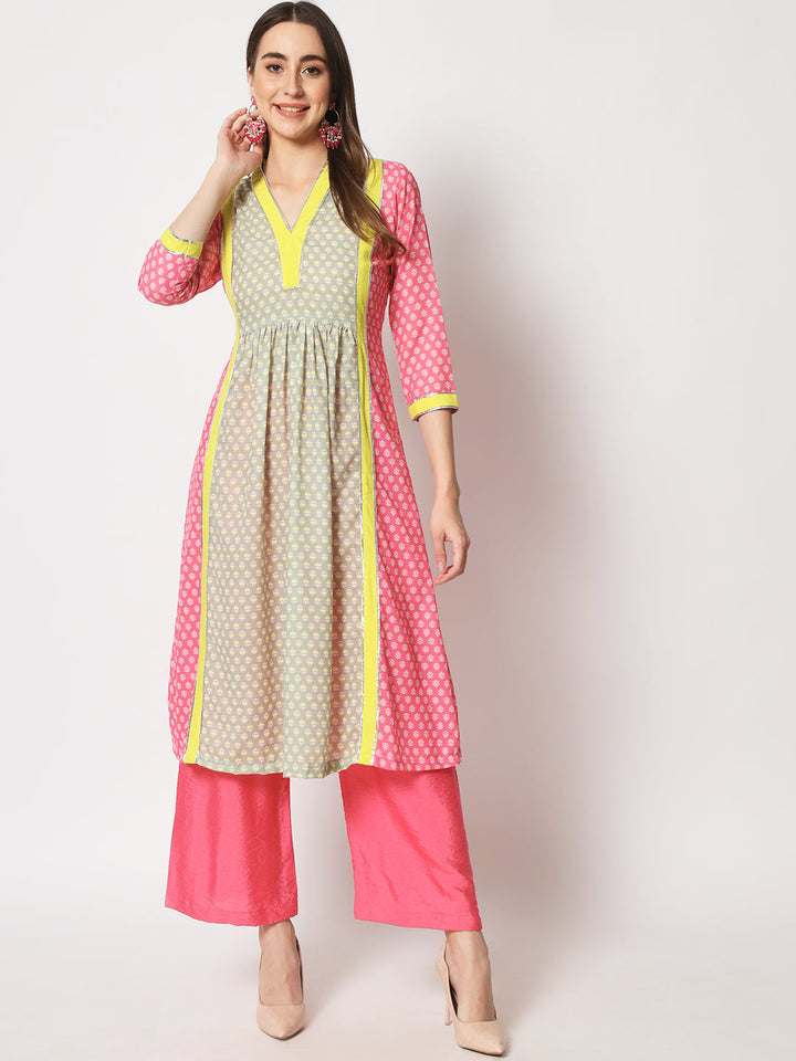 anokherang Combos Copy of Pink Fusion Printed A - Line Kurti with Palazzo