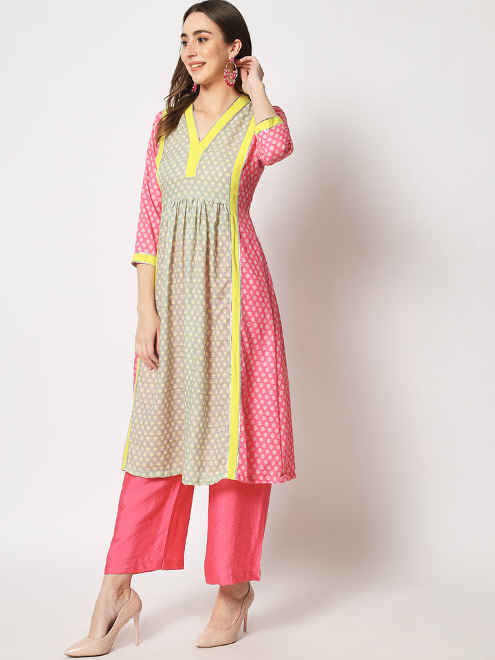 anokherang Combos Copy of Pink Fusion Printed A - Line Kurti with Palazzo