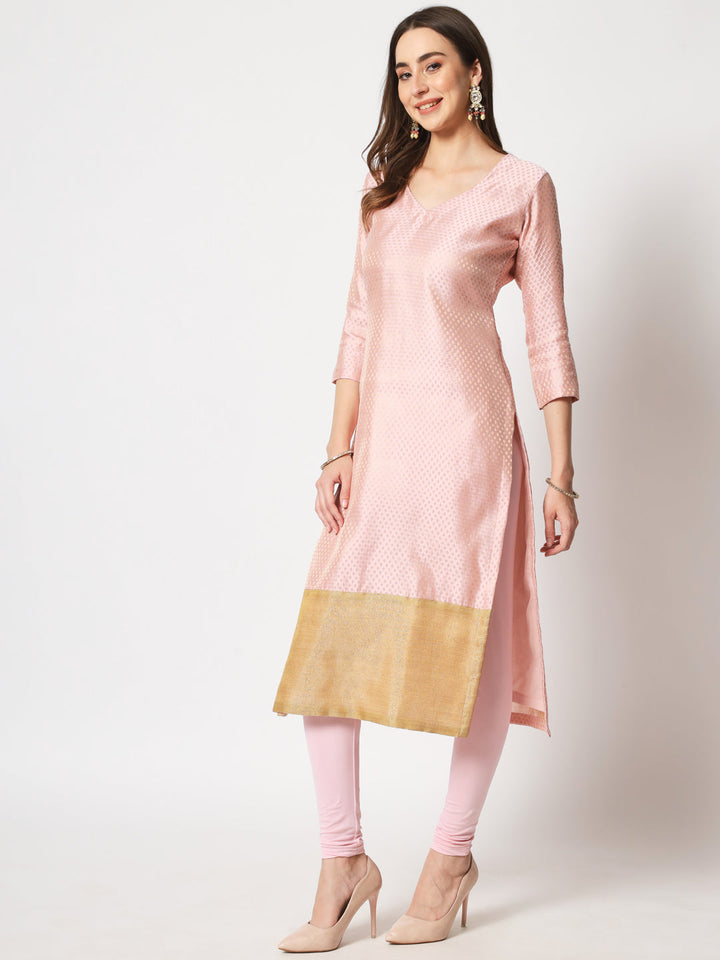 anokherang Combos Copy of Pink Royal Brocade Straight Kurti with Chudidar