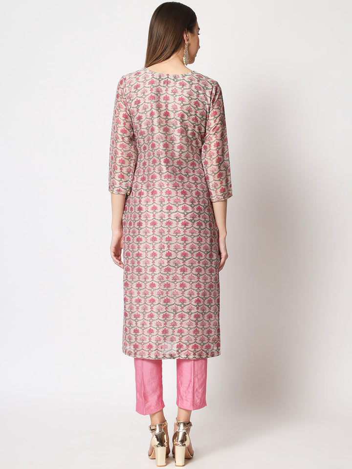 anokherang Combos Copy of Pink Royal Brocade Straight Kurti with Churidar and Net Stone Dupatta