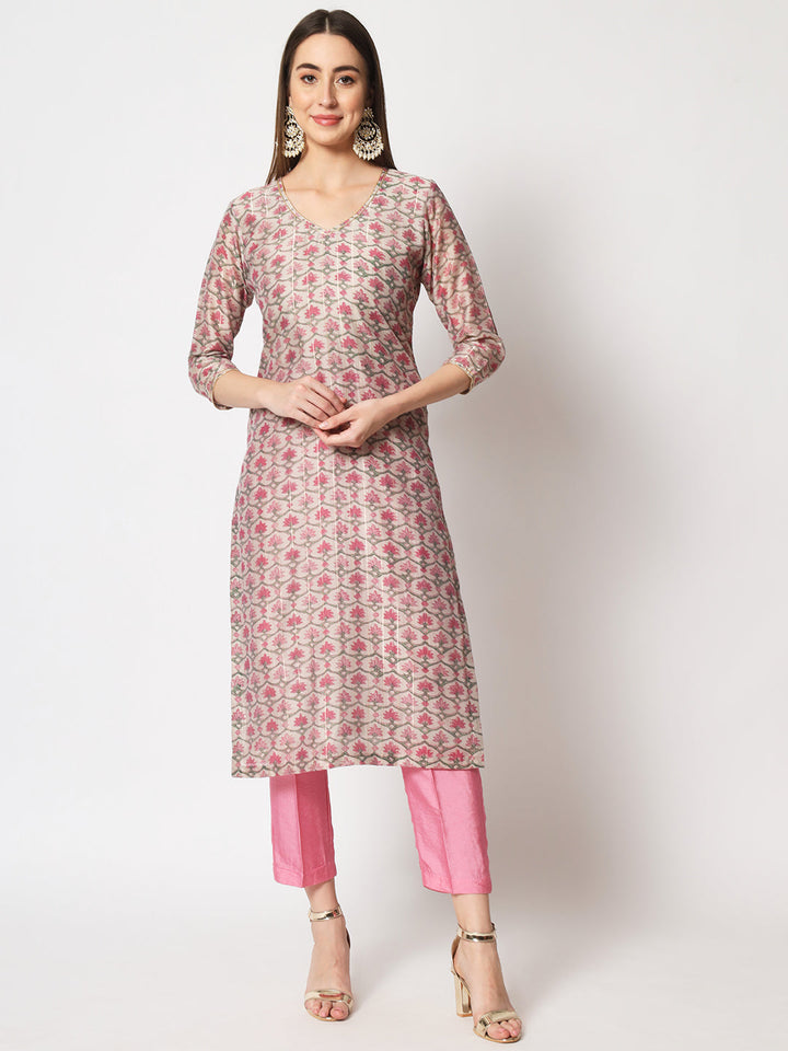 anokherang Combos Copy of Pink Royal Brocade Straight Kurti with Churidar and Net Stone Dupatta