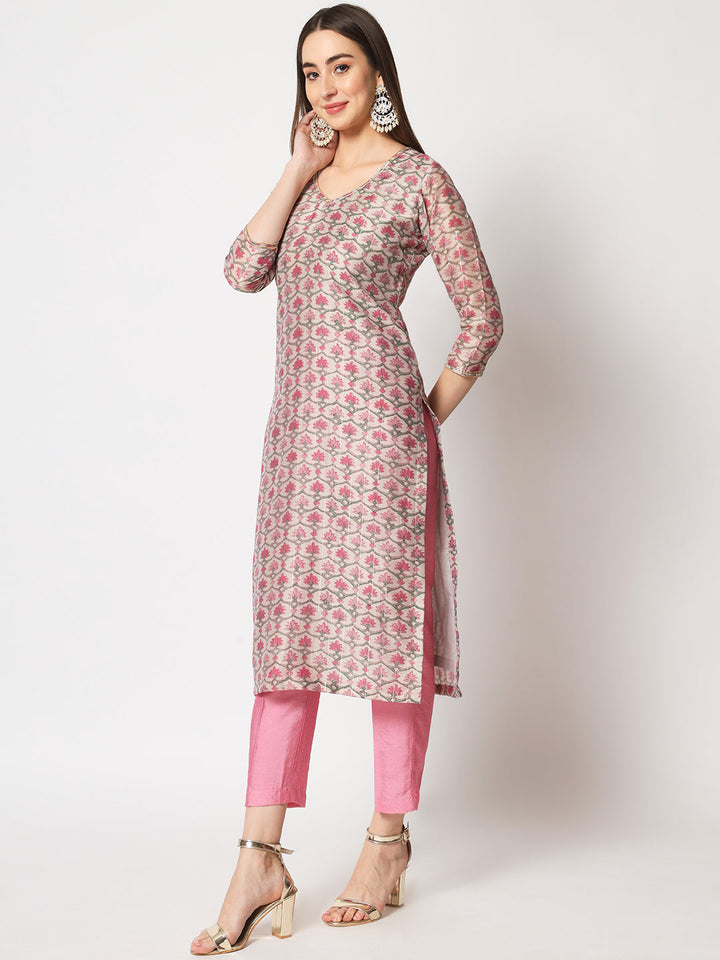 anokherang Combos Copy of Pink Royal Brocade Straight Kurti with Churidar and Net Stone Dupatta
